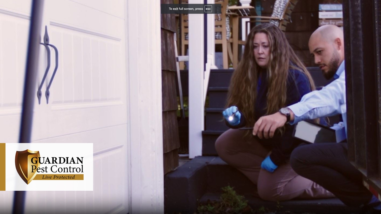 Two pest control workers inspecting exterior home