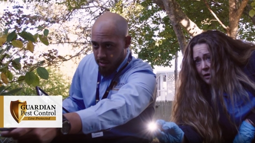 Two pest control workers inspecting exterior home